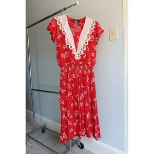 Vintage Dawn‎ Joy Fashions Red Floral Lace Collar Dress Short Sleeve Summer